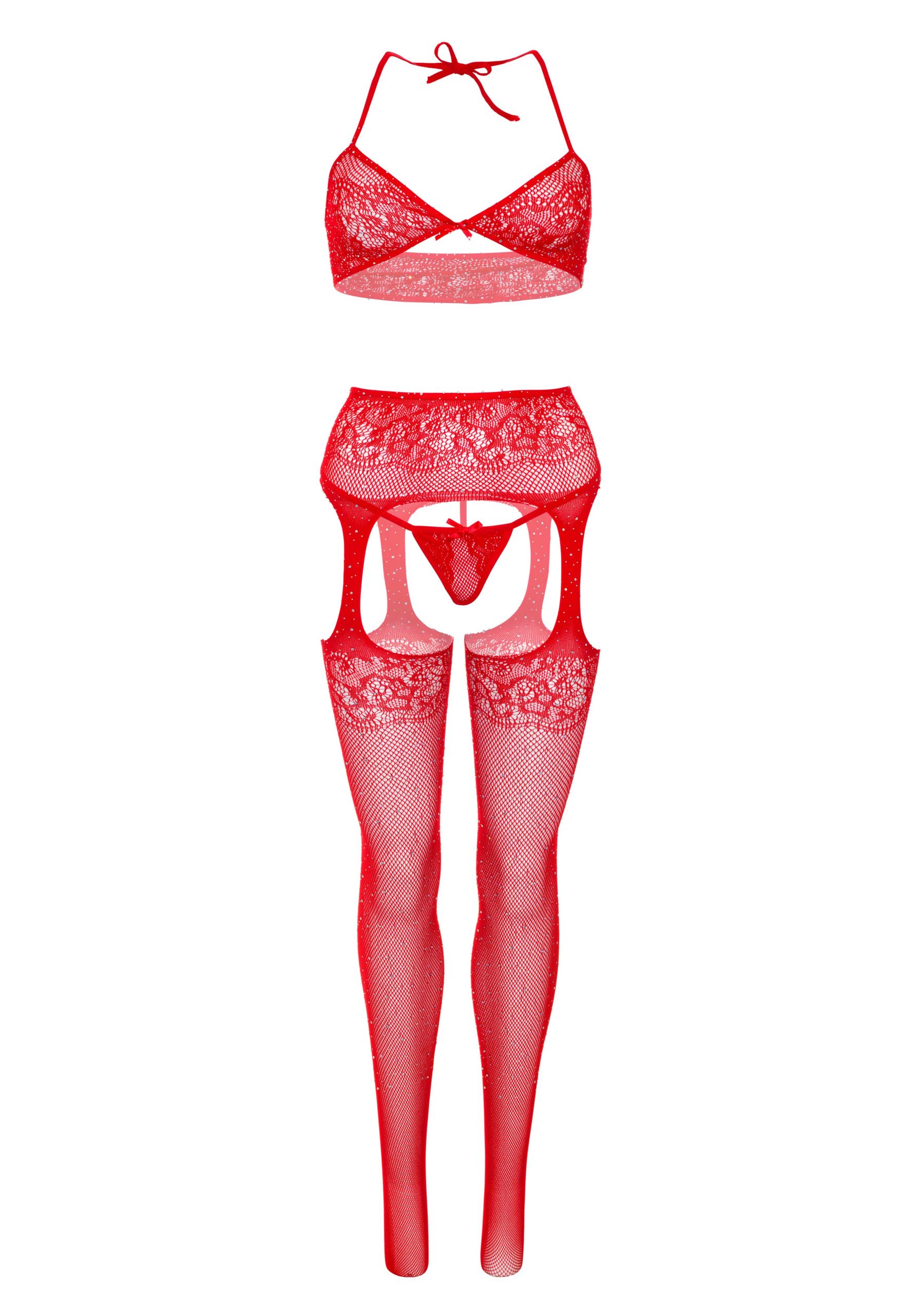 Rode 3-delige lingerie set strass (2)