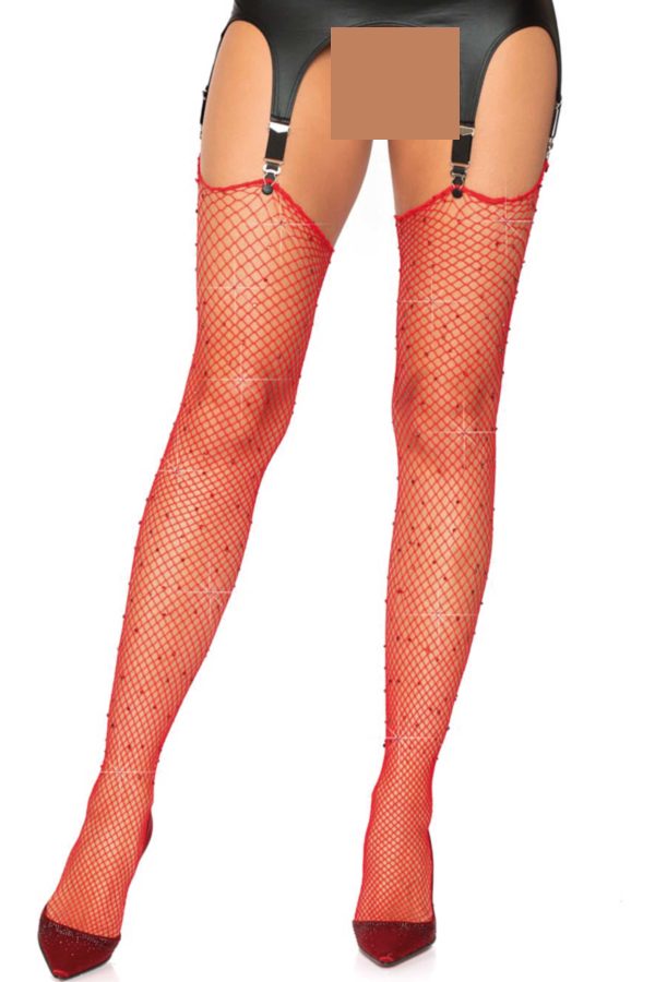 Rhinestone fishnet stockings rood voorkant LA-9124